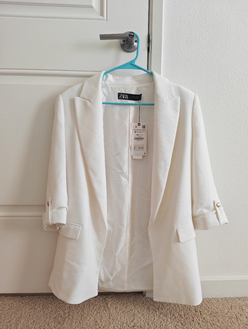 Zara White Open-Front Three-Quarter Sleeve Blazer